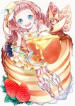  :d apple_slice bangs blue_eyes blueberry blunt_bangs blush butter cream food fork fruit full_body honey knife looking_at_viewer morinaga_(brand) open_mouth original pancake personification sayvi short_hair sitting smile solo sweets waffle 