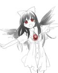  alternate_costume bird_wings black_hair black_wings bow cowboy_shot dress fang hair_bow long_hair looking_at_viewer monochrome open_mouth outstretched_arms pine red_eyes reiuji_utsuho short_sleeves smile solo spot_color third_eye touhou white_dress wings younger 