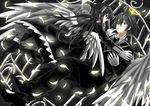  1girl absurdres ahoge alela_grora angel_wings black_dress black_hair boots chynia dress eyepatch formal gloves grey_hair haiiro_teien halo highres long_hair pale_skin short_hair suit twintails wings wodahs 