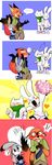  2girls 4koma :3 ? blush bunny cat claws comic couple crossover doki fox from_behind furry green_eyes heart highres interspecies judy_hopps laughing md5_mismatch multiple_boys multiple_girls nabi necktie nick_wilde no_humans pkbunny purple_eyes scarf sharp_teeth silent_comic simple_background smile speech_bubble stitched sunburst talking teeth there_she_is!! third-party_edit thought_bubble zootopia 