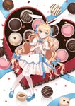  ahoge animal_ears blonde_hair blue_bow blue_eyes blush bow box_of_chocolates bunny_ears capelet chocolate clenched_hands cotton_(congcotton) dress from_above hair_bow hands_together heart highres knees_together_feet_apart lace long_hair lying nut_(food) on_back open_mouth original pantyhose reflection ribbon shoes solo sparkle very_long_hair white_legwear 