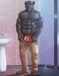  4_toes 5_fingers abs arcticlion barefoot bathroom big_muscles black_fur blue_eyes bulge clothed clothing feet feline frown fur gage_the_panther hi_res looking_down male mammal manly muscular muscular_male nipples open_pants panther pants pecs plantigrade solo toes topless underwear 