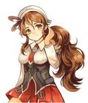  absurdres armor bare_shoulders breasts brown_eyes brown_hair detached_sleeves headdress highres kantai_collection large_breasts littorio_(kantai_collection) long_hair meshi-dan miniskirt necktie pleated_skirt ponytail skirt smile solo 