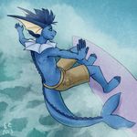  4_toes 5_fingers barefoot blue_eyes blue_hair blue_skin clothed clothing ear_fins eeveelution feet fin hair looking_away male mosa nintendo plantigrade pok&eacute;mon shorts solo surfboard surfing thick_tail toes topless vaporeon video_games water 