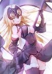  black_legwear blonde_hair breasts cleavage cowboy_shot fate/grand_order fate_(series) gauntlets highres j_na jeanne_d'arc_(alter)_(fate) jeanne_d'arc_(fate)_(all) long_hair looking_at_viewer medium_breasts parted_lips solo standing thighhighs yellow_eyes 