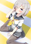  absurdres between_legs black_legwear blue_eyes blush breasts buttons closed_mouth collarbone from_above go-1 grey_skirt hair_ornament hairclip hamakaze_(kantai_collection) hand_between_legs hand_in_hair hand_up highres kantai_collection looking_at_viewer looking_up medium_breasts neckerchief pantyhose pleated_skirt sailor_collar school_uniform serafuku short_hair short_sleeves silver_hair sitting skirt sleeve_cuffs smile solo tareme two-tone_background wariza yellow_neckwear 
