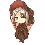  bloodborne bonnet cape cherry_(10013717) chibi flower green_eyes hat hat_flower jewelry pendant plain_doll scarf silver_hair smile solo standing white_background 