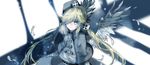  angel_wings blonde_hair blue_eyes capelet demon_wings dice_hair_ornament dress feathers from_above froze_(haiiro_teien) grey_dress haiiro_teien hair_ornament hair_over_one_eye ramio_(cxxx202) solo twintails wings 