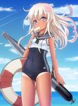  ahoge ass_visible_through_thighs bare_shoulders behind_back blonde_hair blue_eyes blue_sky blue_swimsuit blush buckle cloud collarbone condensation_trail covered_navel cowboy_shot crop_top dark_skin day eyebrows eyebrows_visible_through_hair floating_hair flower food hair_flower hair_ornament highres holding horizon ice_cream japanese_flag kantai_collection lifebuoy long_hair looking_at_viewer melting mouth_hold neckerchief ocean one-piece_swimsuit outdoors over_shoulder pink_flower ponpu-chou popsicle ro-500_(kantai_collection) sailor_collar school_swimsuit shirt sky sleeveless sleeveless_shirt solo standing swimsuit swimsuit_under_clothes tan tanline tareme torpedo water water_drop wet white_shirt wind 