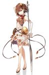  arm_behind_head brown_hair butter_knife dress elbow_gloves food full_body gloves grin hair_ornament highres looking_at_viewer morinaga_(brand) navel navel_cutout original oversized_object pancake polearm red_eyes short_hair simple_background sleeveless sleeveless_dress slippers smile solo standing tsukugu weapon white_background 