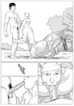  antlers avian balls bird black_and_white black_hair border centaur duo equine equine_taur erection furronika grass greyscale hair horn human male male/male mammal monochrome nude oral outside penis pointy_ears pubes side_view standing taur tree 