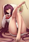  ass bad_id bad_pixiv_id barefoot between_toes black_panties blush breasts cellphone covered_nipples dress fate/grand_order fate_(series) feet food foot_hold hair_intakes large_breasts leaning_back legs long_hair looking_at_viewer panties phone pillow pocky purple_hair red_eyes scathach_(fate)_(all) scathach_(fate/grand_order) shijiu_(adamhutt) sitting smartphone solo sweater sweater_dress underwear very_long_hair 
