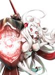  airfield_hime bare_shoulders breasts covered_navel glowing highres horn horns kantai_collection large_breasts leotard long_hair machinery open_mouth pekoneko red_eyes shinkaisei-kan simple_background solo teeth very_long_hair white_background white_hair white_skin 