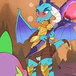  anthro armor blush clothing cold-blooded-twilight dragon duo female friendship_is_magic horn male my_little_pony open_mouth princess_ember_(mlp) pussy pussy_juice red_eyes size_difference spike_(mlp) standing tongue 