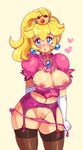  areolae blonde_hair breasts cleavage_cutout crown drcockula garter_straps mario_(series) nintendo nipple_slip nipples panties panty_pull princess_peach puffy_short_sleeves puffy_sleeves pussy solo super_mario_bros. thighhighs uncensored 