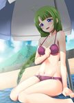  :d ahoge bare_shoulders beach beach_umbrella bikini blue_eyes blush braid breasts cloud cloudy_sky collarbone day green_hair groin kantai_collection long_hair looking_at_viewer medium_breasts mole mole_under_mouth navel open_mouth outdoors purple_bikini sand single_braid sitting sky smile solo swimsuit tilm umbrella very_long_hair wariza yuugumo_(kantai_collection) 