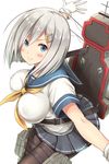  antennae backpack bag behind_back between_breasts blue_eyes blue_skirt blush bouncing_breasts breasts brown_legwear buttons closed_mouth covered_nipples cowboy_shot gloves hair_ornament hairclip hamakaze_(kantai_collection) highres holster ichikawa_feesu kantai_collection large_breasts miniskirt neckerchief outstretched_arms over_shoulder pantyhose pleated_skirt running sailor_collar school_uniform serafuku short_hair short_sleeves skirt smile solo strap_cleavage thigh_holster thigh_strap white_gloves yellow_neckwear 