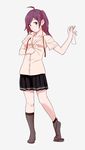  ahoge brown_eyes full_body gloves gloves_removed hagikaze_(kantai_collection) holding_gloves kantai_collection long_hair looking_at_viewer ojipon purple_hair red_ribbon ribbon school_uniform side_ponytail simple_background skirt smile solo undressing 