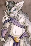  2015 angry anthro black_hair blue_eyes clothed clothing dragon fur furred_dragon grey_fur hair loincloth looking_at_viewer male navel ruaidri solo sovy standing 