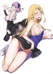  :d ass black_legwear black_panties blonde_hair blush breasts cameltoe camisole censored cleavage covered_nipples dagashi_kashi detached_sleeves ear_piercing endou_saya hair_ornament hairclip heart heart_censor isao large_breasts long_hair looking_at_viewer multiple_girls no_bra open_mouth panties pantyhose piercing purple_hair purple_panties shidare_hotaru skirt small_breasts smile teeth tongue transparent_background underwear 