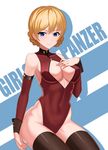 adapted_costume alternate_costume argyle_cutout arm_at_side bangs black_legwear blonde_hair blue_eyes blush braid breast_suppress breasts cleavage cleavage_cutout closed_mouth copyright_name covered_navel cowboy_shot darjeeling detached_sleeves eyebrows_visible_through_hair girls_und_panzer hand_on_own_chest highleg highleg_leotard invisible_chair large_breasts leotard looking_at_viewer meme_attire military northman red_leotard red_sleeves short_hair silhouette sitting smile solo st._gloriana's_military_uniform thighhighs tied_hair twin_braids uniform unzipped 