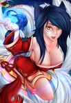  2016 ahri_(lol) amber_eyes animal_humanoid balls big_breasts black_hair breasts canine cleavage clothed clothing dickgirl facial_markings fox fox_humanoid hair hi_res humanoid intersex league_of_legends long_hair mammal markings multi_tail open_mouth penis rainbowscreen solo video_games 