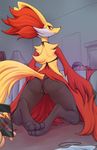  2016 blush bra butt cellphone clothing delphox duo female fur hi_res inside kneeling nintendo panties paws phone pok&eacute;mon red_eyes stoic5 underwear video_games yellow_fur 