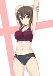  alternate_costume armpits arms_up asics ass_visible_through_thighs bangs breasts brown_eyes brown_hair cleavage closed_mouth clothes_writing collarbone cowboy_shot eyebrows eyebrows_visible_through_hair girls_und_panzer halterneck hand_on_own_arm highres large_breasts light_smile looking_at_viewer midriff navel nishizumi_maho shiny shiny_skin short_hair solo sports_bikini sportswear stomach wan'yan_aguda white_background 