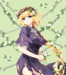  blonde_hair blue_eyes braid breasts capelet chain cleavage crown_of_thorns dress fate/apocrypha fate_(series) flower hair_flower hair_ornament head_wreath jeanne_d'arc_(fate) jeanne_d'arc_(fate)_(all) large_breasts long_hair purple_dress single_braid smile solo torn_clothes yeruen 
