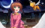  antenna_hair blush brown_hair cardcaptor_sakura cloud flying green_eyes kero kinomoto_sakura looking_at_another moon mutsuki_(moonknives) night night_sky open_mouth pajamas short_hair sky smile star star_(sky) wand wings 