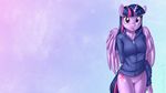 16:9 2016 anthro anthrofied bottomless brian_mcpherson clothed clothing cutie_mark equine feathered_wings feathers female friendship_is_magic hair hi_res horn long_hair looking_at_viewer mammal multicolored_hair my_little_pony purple_eyes pussy solo twilight_sparkle_(mlp) wallpaper winged_unicorn wings 
