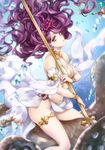  animal bare_shoulders bracelet breasts bubble cleavage collarbone coral granblue_fantasy green_eyes head_fins holding jewelry kasai_iori large_breasts leaf long_hair looking_at_viewer octopus polearm purple_hair riding shaft_look side_slit solo thigh_strap tiara underwater varuna_(granblue_fantasy) very_long_hair weapon 