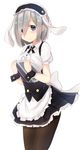  alternate_costume apron bangs black_legwear blue_eyes blush breasts closed_mouth cosplay cowboy_shot enmaided eyebrows eyebrows_visible_through_hair fleur_de_lapin_uniform gochuumon_wa_usagi_desu_ka? hair_between_eyes hair_ornament hairclip hamakaze_(kantai_collection) highres holding holding_tray kantai_collection large_breasts looking_at_viewer maid maid_apron maid_headdress pantyhose short_hair short_sleeves silver_hair simple_background solo tray white_background yuki_(yukin0128) 