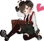  :d arm_at_side arm_up black_bow black_hat black_legwear black_neckwear black_shorts blush bow brown_eyes brown_hair buttons checkered_shoes collared_shirt eyebrows eyebrows_visible_through_hair full_body futami_mami hair_bow hat head_tilt heart idolmaster idolmaster_(classic) laki looking_at_viewer necktie open_mouth over-kneehighs pond school_briefcase shirt shoes shorts simple_background sitting sleeve_cuffs smile solo thighhighs top_hat white_background white_shirt 