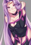  adjusting_hair alpha_(eren_mfmf) blush breasts cleavage fate/grand_order fate/stay_night fate_(series) glasses grey_background highres large_breasts leaning_forward long_hair looking_at_viewer purple_eyes purple_hair rider rimless_eyewear simple_background smile solo 