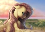  2016 bluespaceling cloud equine feathered_wings feathers female feral fluttershy_(mlp) friendship_is_magic fur grass green_eyes hair hi_res landscape looking_at_viewer looking_back mammal my_little_pony nature outside pegasus pink_hair portrait sky smile solo spread_wings wings yellow_feathers yellow_fur 