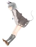  animal_ears bent_over blush full_body grey_hair grey_legwear highres jewelry kneehighs long_sleeves mouse_ears mouse_tail nazrin necklace netamaru profile red_eyes shirt shoes short_hair simple_background skirt skirt_set smile solo tail touhou vest white_background 