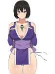  between_breasts black_hair blue_eyes blush breasts collarbone cowboy_shot fundoshi hands_on_own_chest highres japanese_clothes kagemusha large_breasts looking_at_viewer ninja original scroll short_hair simple_background solo thighs white_background 