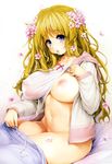  absurdres blonde_hair blue_eyes breasts chie_(ishikei) comic_exe flower hair_flower hair_ornament highres ishikei jacket large_breasts long_hair nipples no_bra no_panties pants_pull saliva scan shirt_lift solo track_jacket 