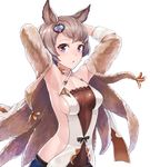  :o animal_ears arms_behind_head arms_up belt blush breasts brown_hair cat_ears coat collar covered_navel criss-cross_halter denim erune fur_coat fur_trim gem granblue_fantasy groin hair_ornament hairpin halter_top halterneck jeans konnyaku_(kk-monmon) long_sleeves medium_breasts mole mole_under_mouth open_clothes open_coat pants parted_lips sapphire_(stone) shiny shiny_clothes shiny_skin short_hair side_cutout sideboob simple_background skin_tight sleeve_cuffs solo sutera_(granblue_fantasy) tareme tassel white_background 
