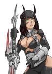  black_gloves black_hair breasts cleavage elbow_gloves facial_tattoo final_fantasy final_fantasy_xiv gauntlets gloves green_eyes hime_cut hip_vent horns large_breasts lips planted_sword planted_weapon roegadyn solo sword tattoo weapon whistle_frog 