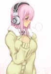  blank_speech_bubble blush breasts cardigan deni_m hand_on_own_chest headphones large_breasts long_hair looking_away necktie nitroplus open_mouth pink_eyes pink_hair solo speech_bubble super_sonico 