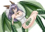  bare_shoulders blush breasts cleavage dragon_(monster_girl_encyclopedia) dragon_girl dragon_tail dragon_wings green_wings head_fins horns jpeg_artifacts large_breasts long_hair looking_at_viewer monster_girl monster_girl_encyclopedia open_mouth paws purple_hair sanmotogoroo scales simple_background slit_pupils solo tail veil wings yellow_eyes 