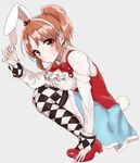  abe_nana animal_ears argyle argyle_legwear ascot bad_id bad_pixiv_id blue_skirt bow bowtie breast_press breasts brooch brown_hair bunny_ears bunny_tail center_frills fake_animal_ears fake_tail frilled_skirt frilled_sleeves frills full_body gem heart idolmaster idolmaster_cinderella_girls jewelry large_breasts long_sleeves mary_janes misumi_(macaroni) ponytail red_bow red_eyes red_footwear red_neckwear red_vest ruby_(stone) shirt shoes skirt sleeve_cuffs smile solo squatting tail thighhighs vest white_shirt zettai_ryouiki 