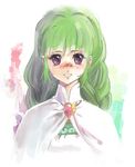  1girl blush braid cloak dress green_hair long_hair open_mouth philia_felice purple_eyes tales_of_(series) tales_of_destiny 