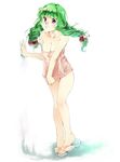  1girl bare_shoulders blush braid breasts cleavage glasses green_hair long_hair open_mouth philia_felice purple_eyes shoes tales_of_(series) tales_of_destiny towel 