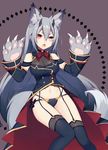  animal_ears bare_shoulders black_legwear bow breasts claw_pose claws cleavage detached_sleeves fang fox_ears fox_tail gloves grey_eyes grey_hair heterochromia highres horns large_breasts long_hair muryotaro no_pants panties paw_gloves paws phantasy_star phantasy_star_online_2 red_eyes solo tail underwear very_long_hair wide_sleeves 