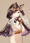  animal_ears bracer cape cat_ears ears_through_headwear flat_chest granblue_fantasy hip_bones hood jitome long_hair naked_cape navel nude ohashi_(hashidate) open_mouth pussy_peek red_eyes ribs scathacha_(granblue_fantasy) silver_hair skinny solo 