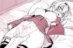 1girl bed blush breasts clitoris_sleeve fingering large_breasts lilia_(null) limited_palette long_hair monochrome nipples null_(nyanpyoun) original pillow pubic_tattoo pussy tattoo thighhighs vaginal 