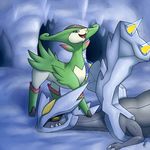  2016 ambiguous_gender blue_body cave domination duo english_text feral fur green_fur grey_body grey_eyes hi_res hooves horn ice inside kyurem legendary_pok&eacute;mon nintendo nude open_mouth pok&eacute;mon sharp_teeth shikaro signature size_difference smile teeth text tongue video_games virizion white_fur yellow_sclera 